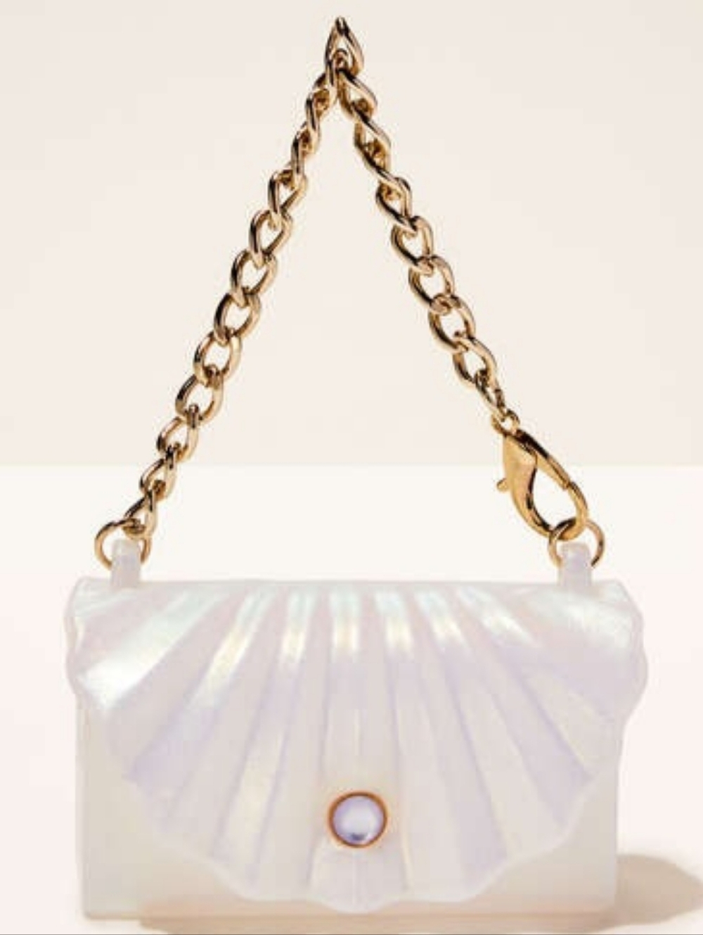 Bath & Body Works Iridescent White Shell Mini Purse with Gold Chain